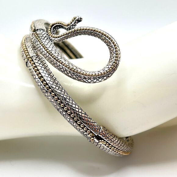 Vintage Snake Cleopatra Arm Cuff Bracelet Silver Tone with Rhinestone Eyes - Picture 3 of 6